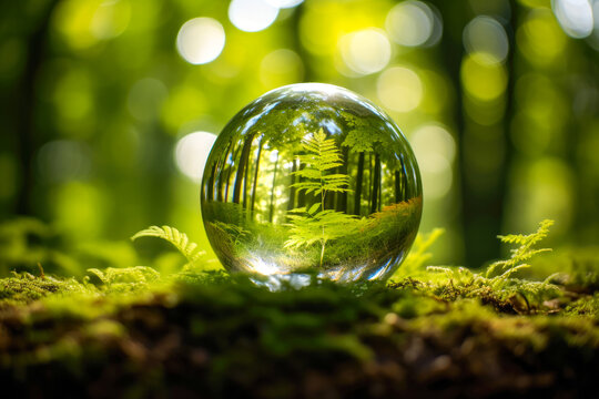Glass globe surrounded by verdant forest flora, symbolizing nature, environment, sustainability, ESG, and climate change awareness