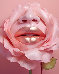 Flat lay smiling face inside of pink rose,minimal composition.Gold and pastel pink colors.Creative make up party concept.