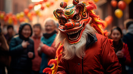 Máscara de dragon en una celebración del año nuevo chino en una calle 