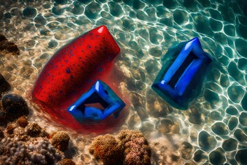 red and blue  atide in clear water on beach-