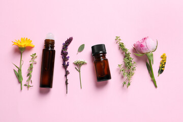 Bottles of essential oils, different herbs and flowers on pink background, flat lay
