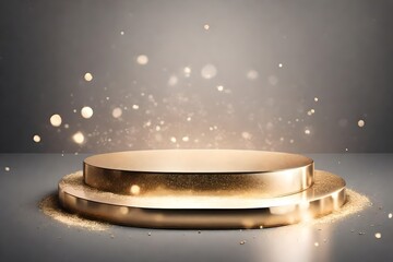 Pedestal podium with shiny particles. Beauty product promotion platform display mockup - obrazy, fototapety, plakaty