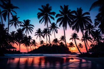 Fototapeta na wymiar Night landscape with palm trees, against the backdrop of a neon sunset, stars. Silhouette coconut palm trees on beach at sunset. Vintage tone. Space futuristic landscape. Neon palm tree 
