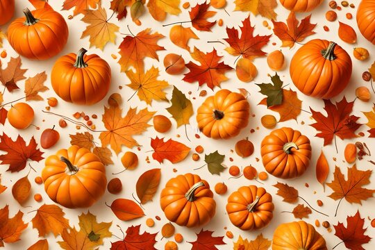 Fall background with orange pumpkins and fall leaves on a light surface, generative AI-