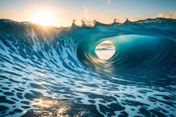 Blue Ocean Wave Crashing at Sunrise. Generative Ai- - obrazy, fototapety, plakaty