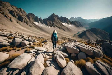 Deurstickers Woman with backpack walking on rocky mountain © Malik