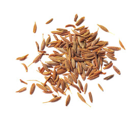 Heap of aromatic caraway (Persian cumin) seeds isolated on white, top view