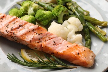 Healthy meal. Piece of grilled salmon, vegetables, asparagus, lemon and rosemary on plate, closeup