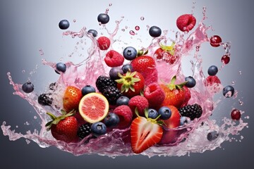 Illustration of various fruits with water splashes, white background. Generative AI
