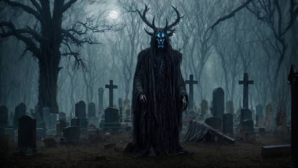 Naklejka premium evil creature at moonlit cemetery