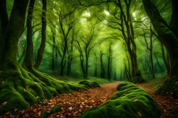 artistic composition showcasing a lush green forest with fallen leaves and tree branches - obrazy, fototapety, plakaty