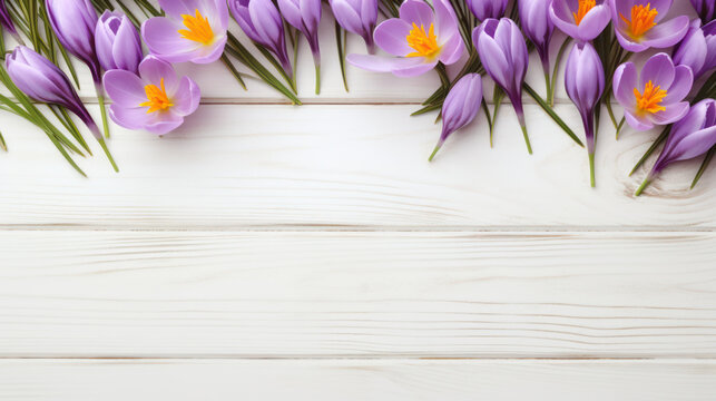 Crocuses on Wooden Background, Beautiful Flowers,  Spring Floral, Copy Space. Generative AI