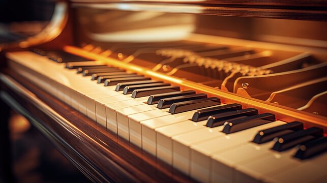 Illustration of grand piano keys with golden lighting, music concept. Generative AI