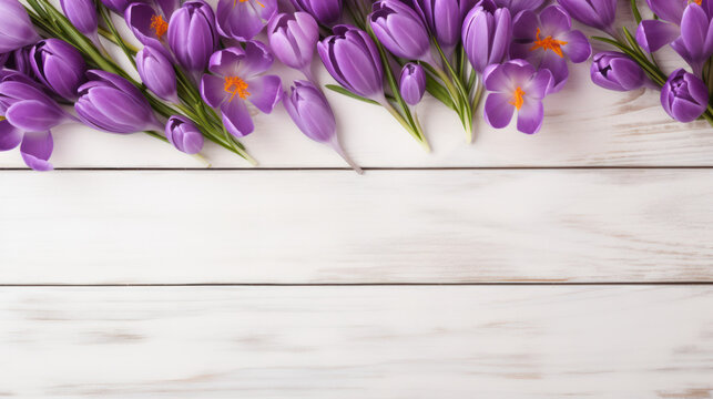 Crocuses on Wooden Background, Beautiful Flowers,  Spring Floral, Copy Space. Generative AI
