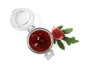 Jar of tasty sweet jam, fresh figs and green leaf isolated on white, top view