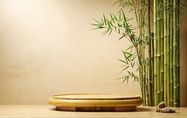 Bamboo product display podium for natural product. Empty scene with bamboo branch  created with generative ai - obrazy, fototapety, plakaty