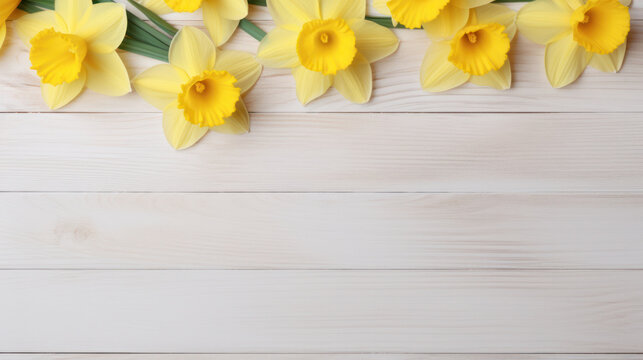 Daffodils (Narcissus) on Wooden Background, Beautiful Flowers, Spring Floral, Copy Space. Generative AI