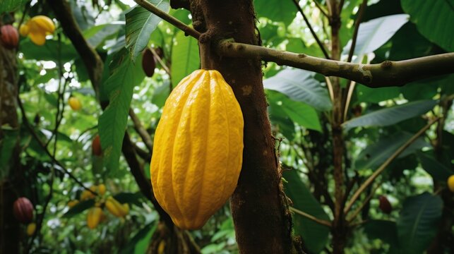 Illustration of ripe cocoa pods on cocoa tree, agriculture concept. Generative AI