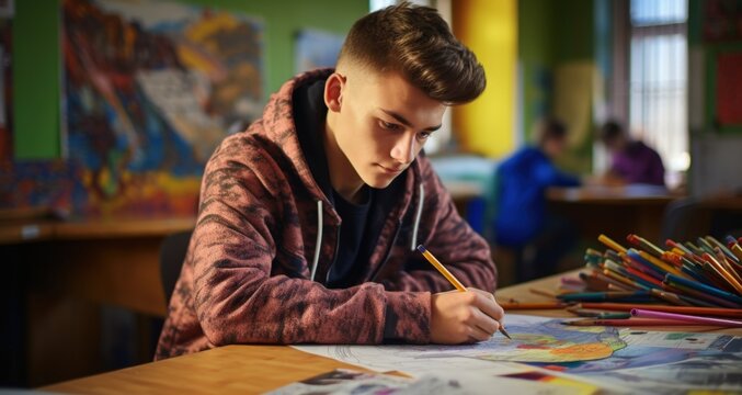 A young man at a school making a drawing with colored pencils. Generative AI