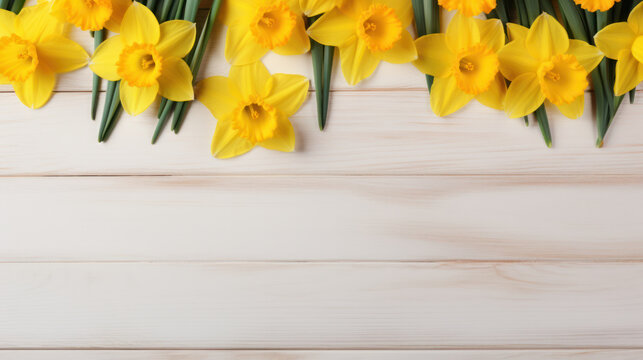 Daffodils (Narcissus) on Wooden Background, Beautiful Flowers, Spring Floral, Copy Space. Generative AI