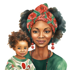 Cute Mother New Year African American Watercolor Clipart Illustration