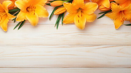 Daylilies on Wooden Background, Beautiful Flowers, Summer Floral, Copy Space. Generative AI