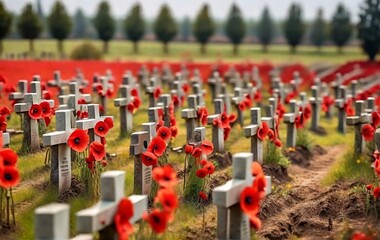 Soldiers graves marked with crosses stand in a poppy field. Remembrance day background  created with generative ai