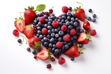 Illustration of various heart-shaped fruits, white background. Generative AI