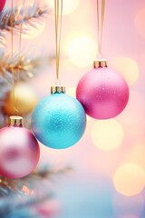 Fototapeta premium Christmas pastel colored baubles with beautiful bokeh lights