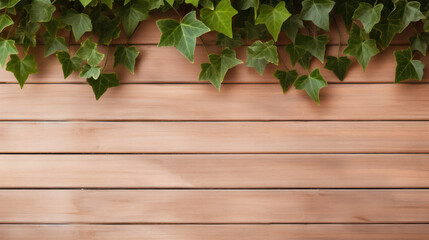 English Ivy on Wooden Background, Beautiful Flowers, Winter Floral, Copy Space. Generative AI