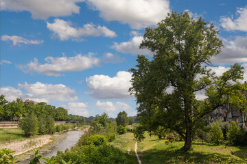Fototapeta na wymiar Elevated view of the riverside of the Torrente Parma, a stream tributary of river Po, with footpaths and a majestic tree in spring, Parma, Emilia Romagna, Italy