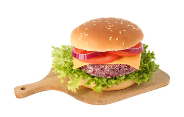 Tasty vegetarian burger with beet patty isolated on white