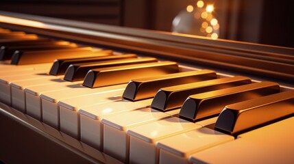 Illustration of grand piano keys with golden lighting, music concept. Generative AI