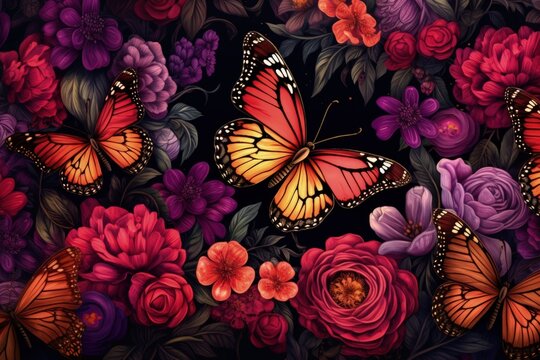 Illustration of a beautiful colorful butterfly with flowers in the background. Generative AI