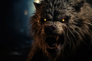 Fierce werewolf in the forest, full moon day, dark background. Generative AI