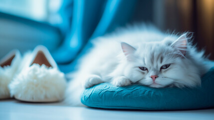 blue monday concept, white sad cat sleeping on a blue bed next to some slippers