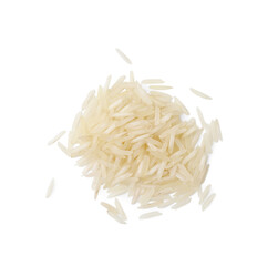 Pile of raw rice isolated on white, top view