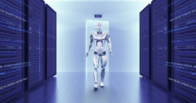Artificial Intelligence Robot Walking Slowly And Confidently. Technology Related 3D Animation.