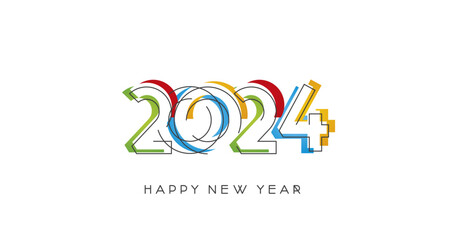 2024 Happy New Year modern trendy line design numbers with abstract colorful shapes on white isolated background