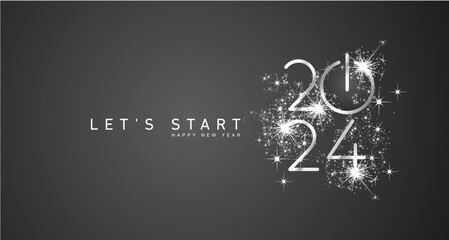 Start of Happy New Year 2024 silver white shining stars rounded typography black background banner with turn on button icon