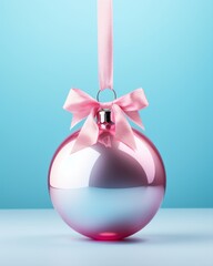 Metallic pink Christmas bauble with pink ribbon and bow on blue background. Minimal concept of Christmas celebration and New Year season. Pastel colors