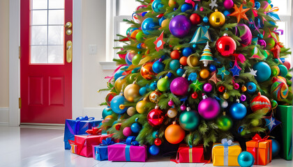 Christmas tree with colorful  decoration and gifts in the white room Christmas