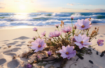 Soft pastel spring background with fresh blooming flowers on a sea background.