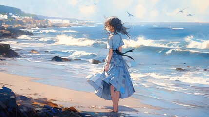 ［AI生成画像］砂浜に佇む少女8