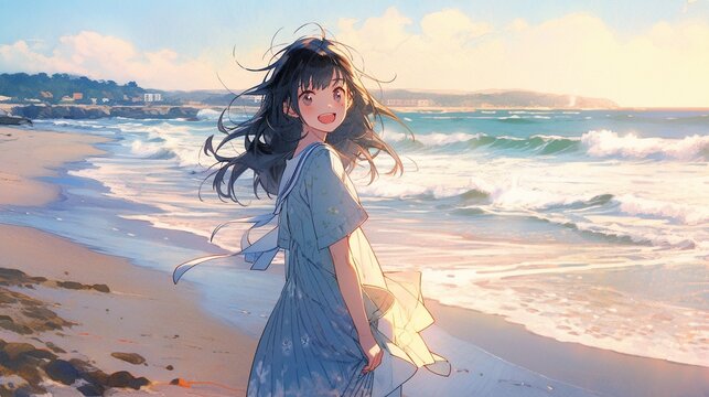 ［AI生成画像］砂浜に佇む少女1