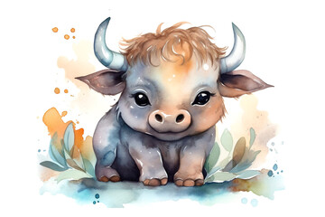 Cute african buffalo baby in watercolor illustration, concept of Wildlife art