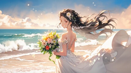 Fototapeta na wymiar ［AI生成画像］綺麗な花嫁、南国の海1