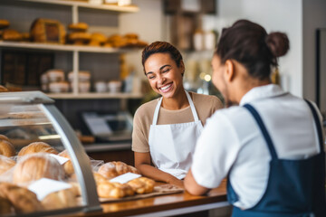 Proud and smiling female baker, who's also the shop owner, offering exemplary customer service as she hands a customer their order in her retail store - obrazy, fototapety, plakaty