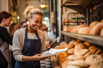 Proud and smiling female baker, who's also the shop owner, offering exemplary customer service as she hands a customer their order in her retail store - obrazy, fototapety, plakaty