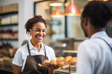 Proud and smiling African American female baker, who's also the shop owner, offering exemplary customer service as she hands a customer their order in her retail store - Powered by Adobe